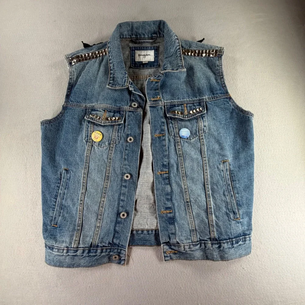 Custom Punk Battle Vest Unisex L Studded Patchwork Graphic Grunge Denim Jacket